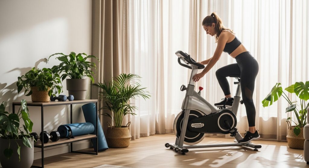Pessoa ajustando bicicleta ergométrica em academia em casa iluminada por luz natural