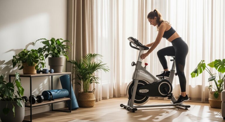 Pessoa ajustando bicicleta ergométrica em academia em casa iluminada por luz natural