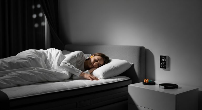 Quarto moderno à noite com pessoa dormindo em colchão premium