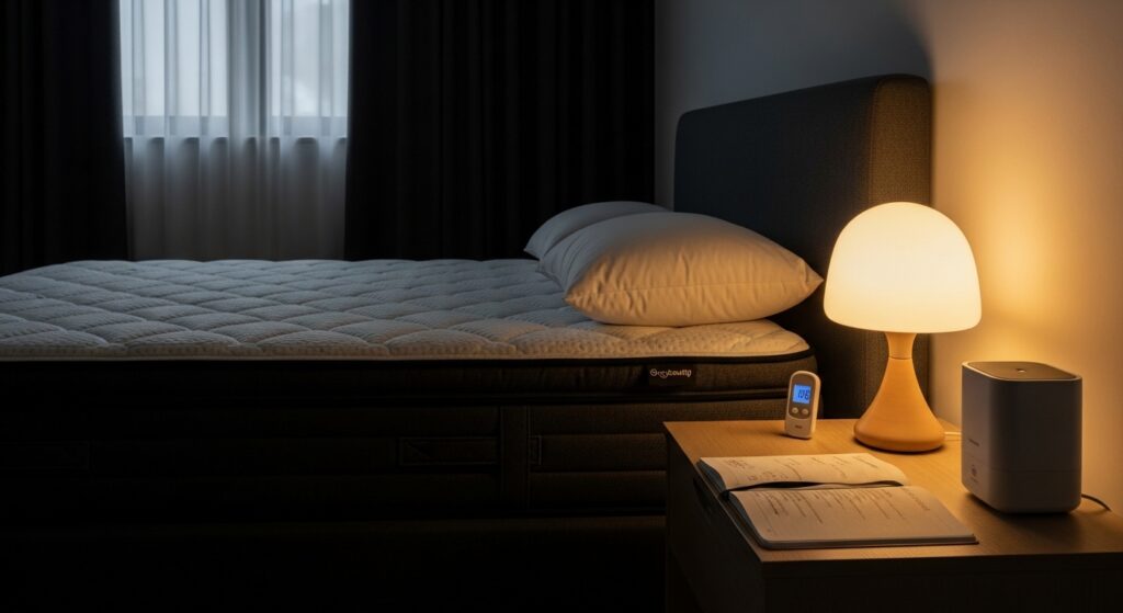 Quarto com colchão casal, termômetro digital e checklist noturno para sono ideal