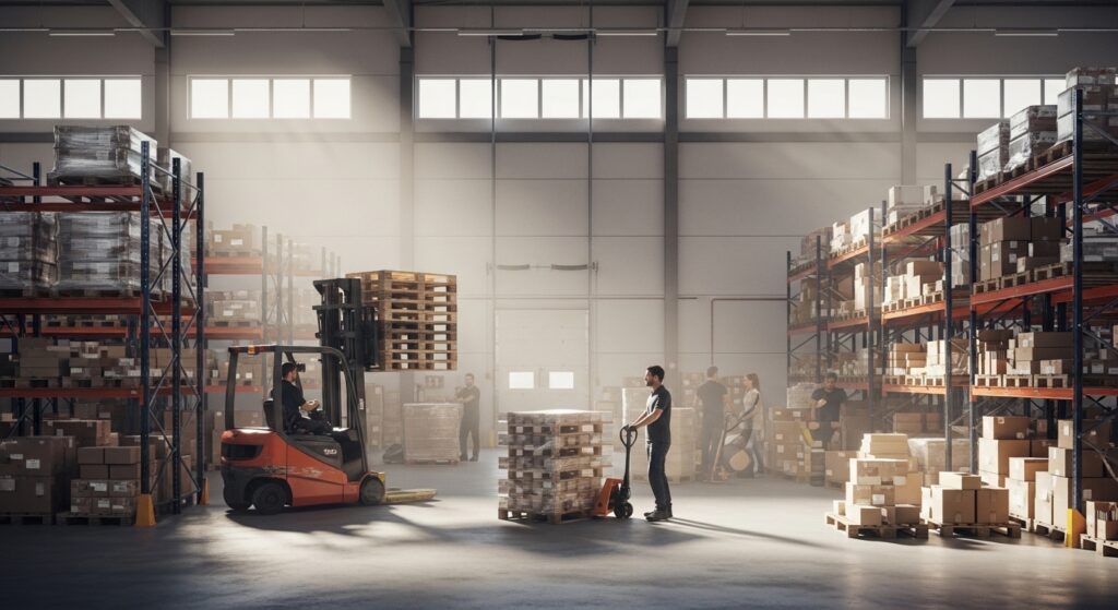 Operador de empilhadeira organizando pallets em armazém moderno