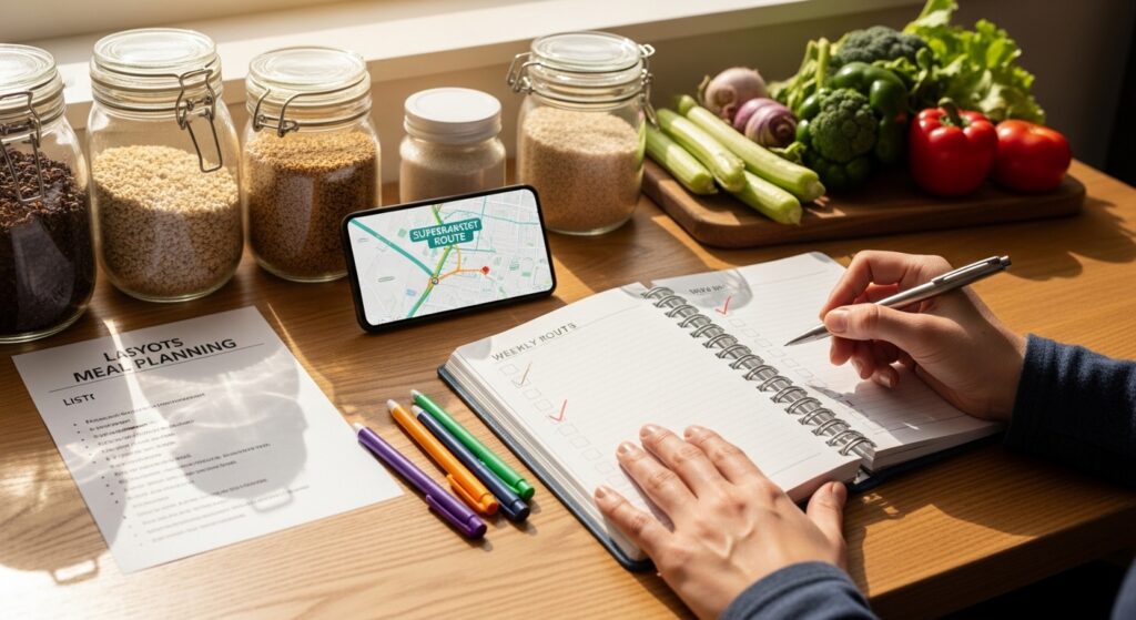Pessoa planejando rotina semanal com planner, lista de compras e despensa inteligente.