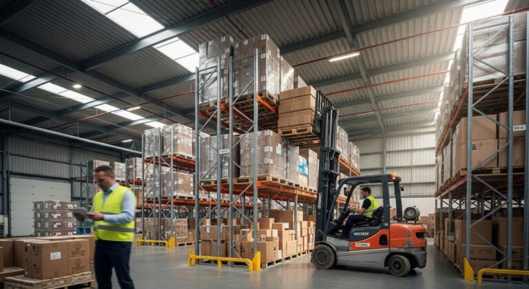Empilhadeira em operação em galpão industrial com gestor consultando tablet