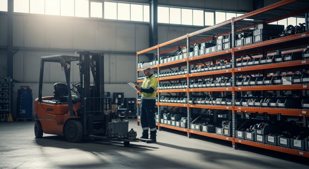 Técnico organizando peças de empilhadeira em estoque MRO