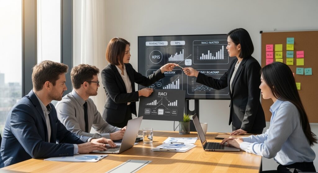 Equipe de marketing híbrida reunida em sala de conferência organizando processos e metas