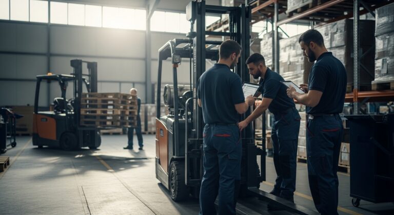 Técnicos realizando manutenção em empilhadeira em galpão logístico