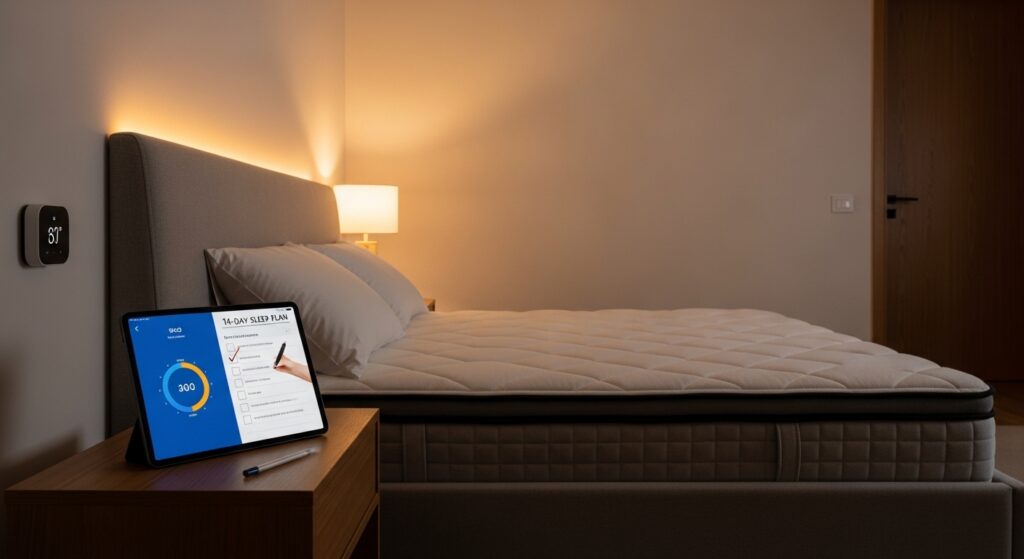 Quarto noturno com colchão king, tablet com métricas de sono e checklist