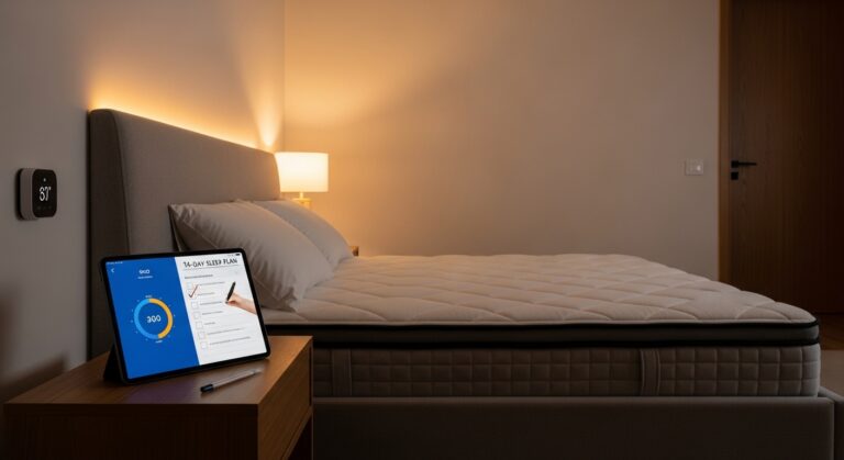 Quarto noturno com colchão king, tablet com métricas de sono e checklist