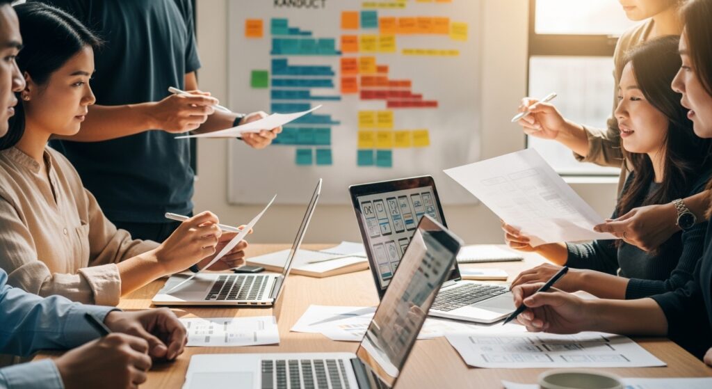 Time de produto em escritório moderno com laptops e quadro Kanban