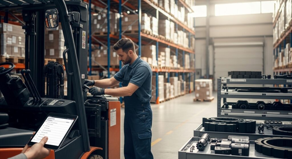 Técnico fazendo manutenção preventiva em empilhadeira em galpão logístico
