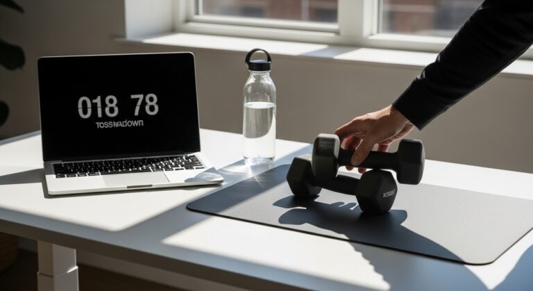 Pessoa fazendo micro-exercício com halteres compactos em escritório iluminado pelo sol