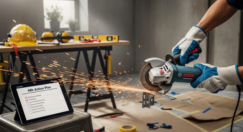 Mãos com esmerilhadeira Bosch cortando metal em microreforma de sala