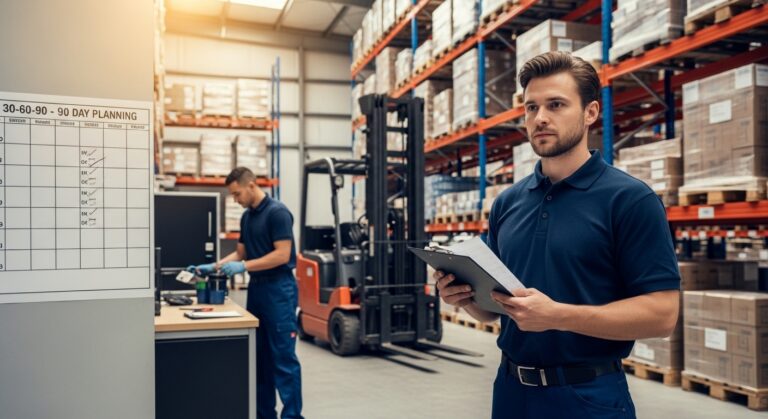Equipe de armazém seguindo checklist diário e manutenção de empilhadeira