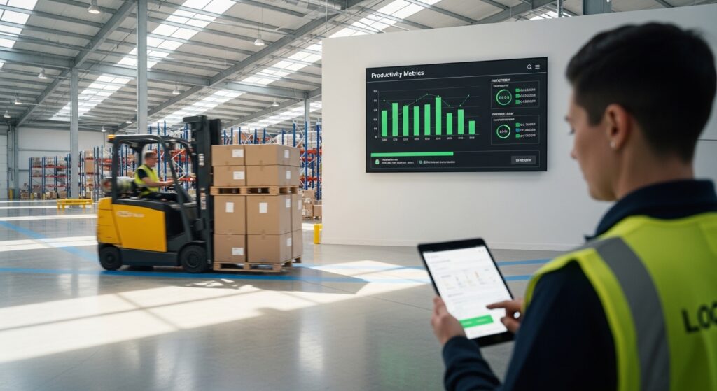 Interior de armazém com empilhadeira em movimento e monitor digital exibindo métricas