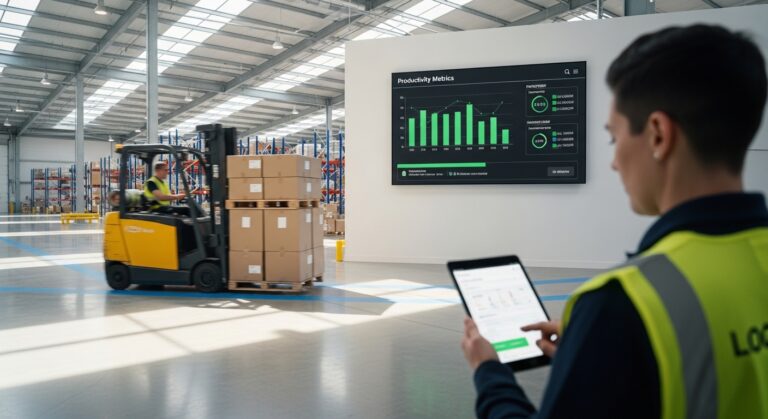 Interior de armazém com empilhadeira em movimento e monitor digital exibindo métricas