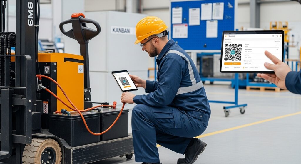 Técnico fazendo manutenção em empilhadeira elétrica na fábrica