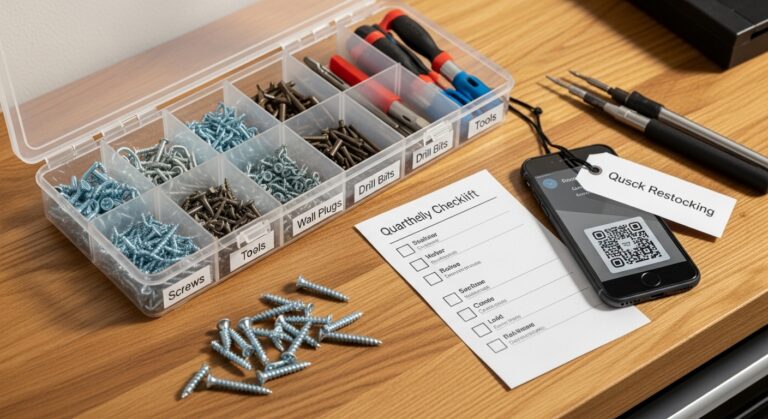 Kit de manutenção doméstica organizado com caixas etiquetadas e checklist