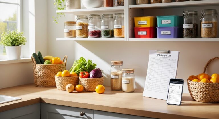 Despensa organizada com potes etiquetados, planilha e smartphone com lista de compras