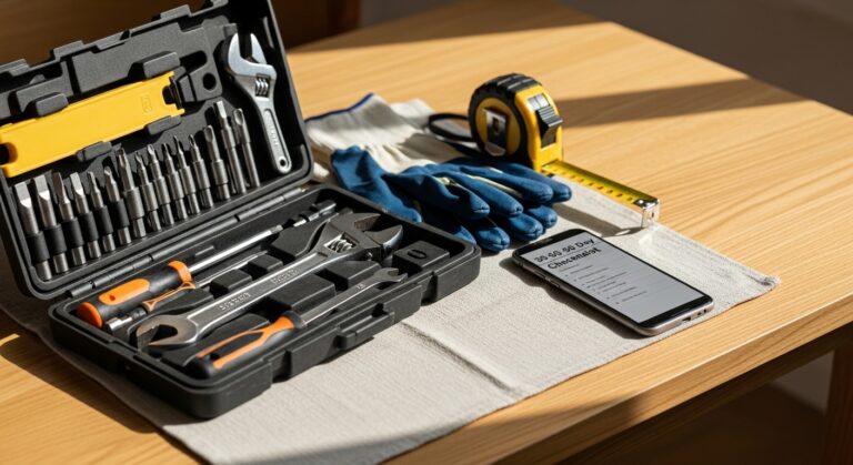 Mesa de madeira com kit de manutenção e checklist no smartphone