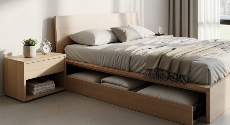 Quarto iluminado pela manhã com cama box com baú aberto