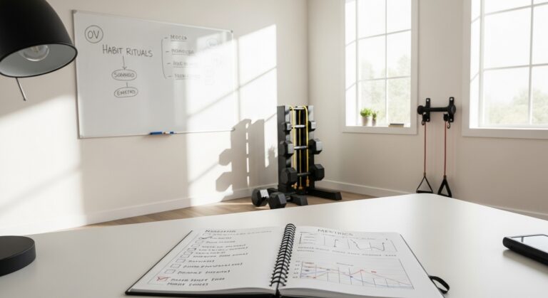 Home office minimalista com estação de treino compacta e checklist de produtividade