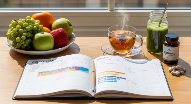 mesa de trabalho com planner semanal, chá, frutas e smoothie