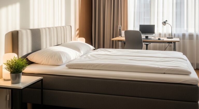Quarto minimalista iluminado pela luz natural com cama box casal organizada