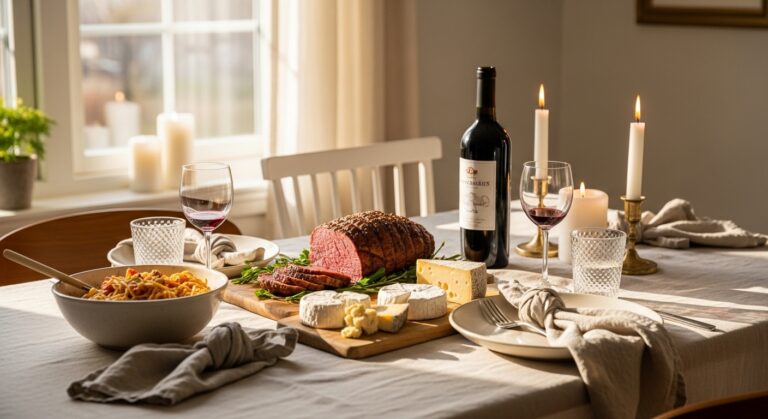 Mesa de jantar caseira com massa, assado, tábua de queijos e vinho seco