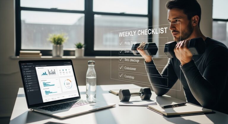Profissional realizando micro-treino com halteres ao lado de laptop com checklist de produtividade