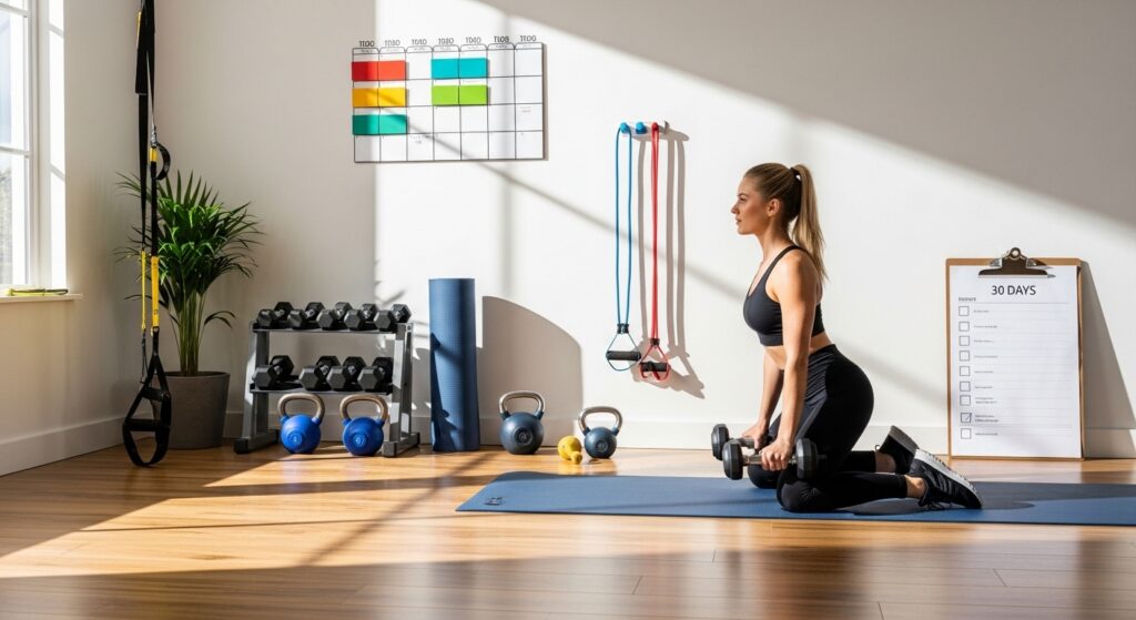 Pessoa praticando exercícios em um canto de treino em casa bem equipado