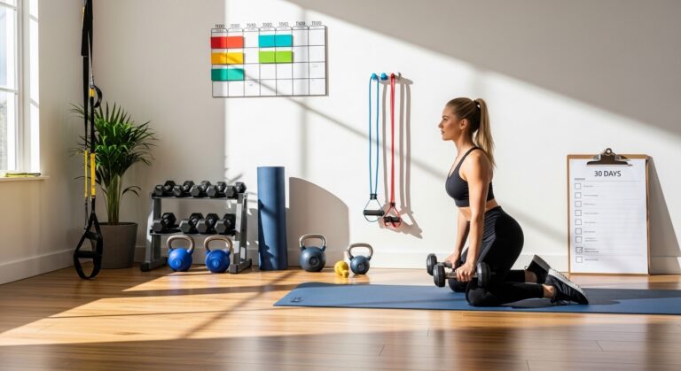 Pessoa praticando exercícios em um canto de treino em casa bem equipado