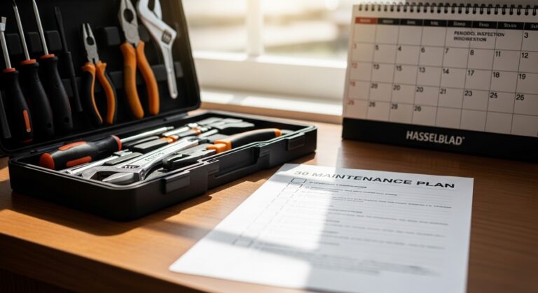 Espaço de trabalho com kit de ferramentas, checklist e calendário de manutenção