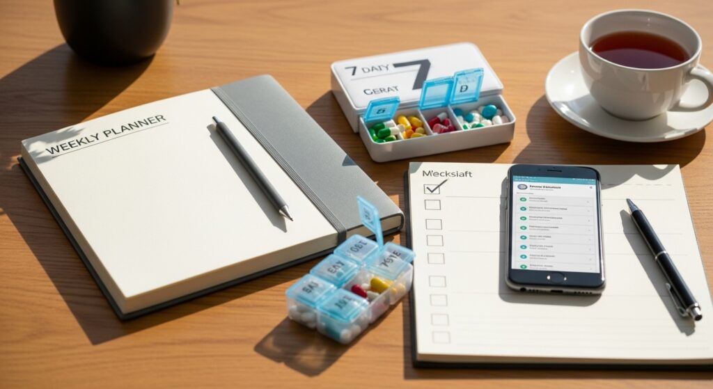 Mesa com planner, organizador de medicamentos, smartphone e checklist para rotina de saúde