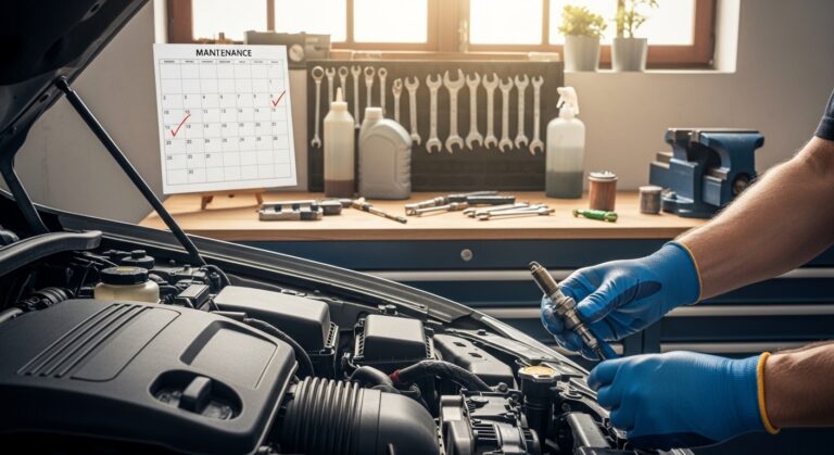 Mãos realizando manutenção preventiva em carro com calendário organizado