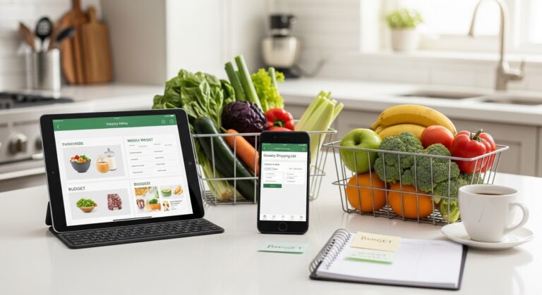 Smartphone com lista de compras digital em bancada de cozinha organizada