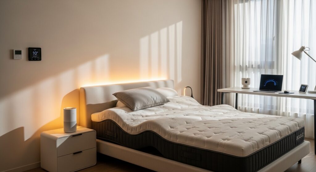 Quarto moderno com luz suave, colchão ergonômico e máquina de ruído branco