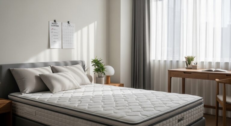 Quarto organizado com cama arrumada, capa de colchão e calendário de limpeza