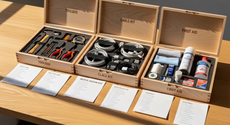 Quatro caixas organizadas com kits de ação sobre mesa de madeira
