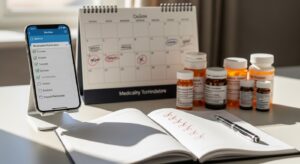Mesa organizada com checklist de medicamentos e app de lembretes