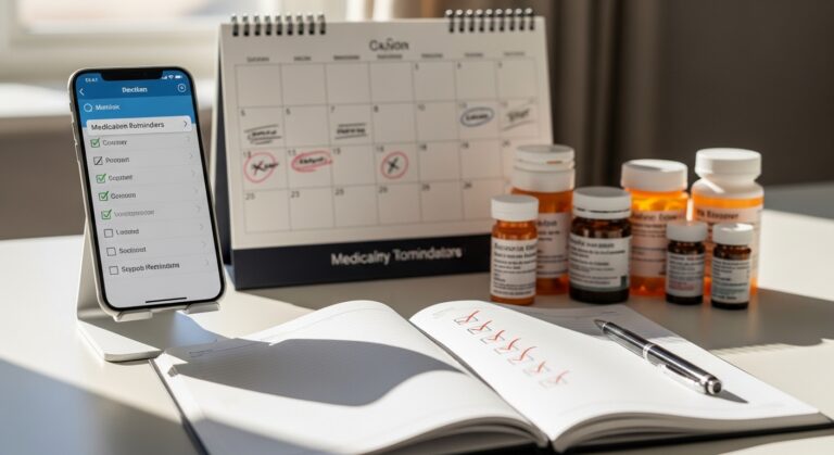 Mesa organizada com checklist de medicamentos e app de lembretes