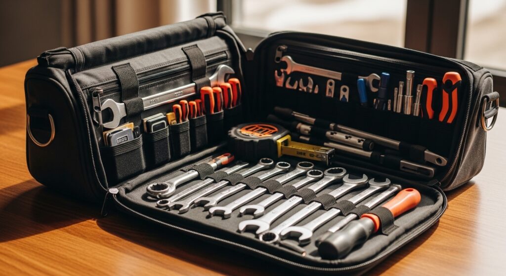 Bolsa de ferramentas modular aberta com kits de manutenção organizados