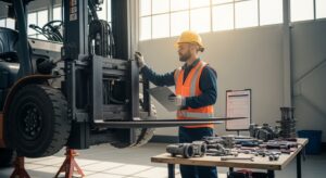 Técnico inspecionando empilhadeira em manutenção no armazém