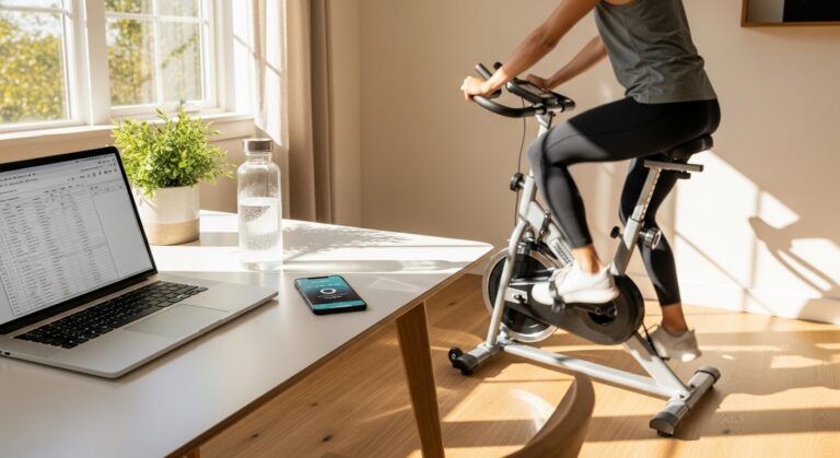 Pessoa em home office usando bicicleta ergométrica ao lado da mesa durante microtreino