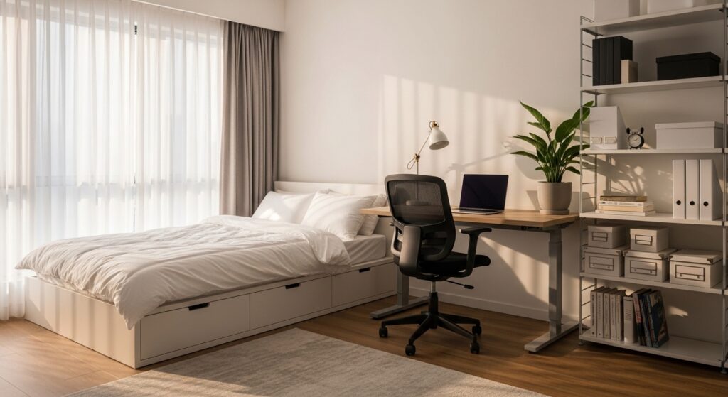 Quarto inteligente organizado com cama box e escrivaninha minimalista