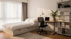 Quarto inteligente organizado com cama box e escrivaninha minimalista