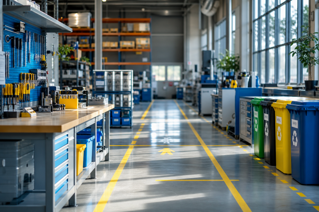 Espaço de trabalho industrial organizado com sinalização e lixeiras setorizadas