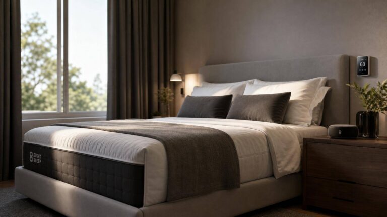 Quarto moderno com cama de casal, controle de temperatura e máquina de som para sono de alta performance