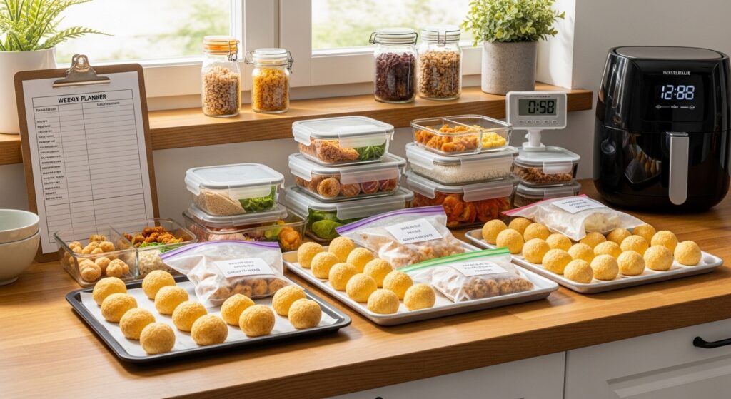 Bancada de cozinha com potes de snacks e pão de queijo para batch cooking