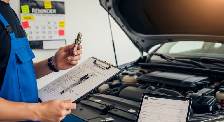 Motorista segurando vela de ignição e checklist de manutenção do carro
