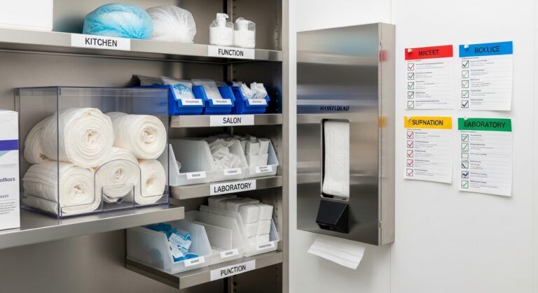 Estação de higiene com toucas descartáveis, kits de EPI organizados por função e checklists visuais